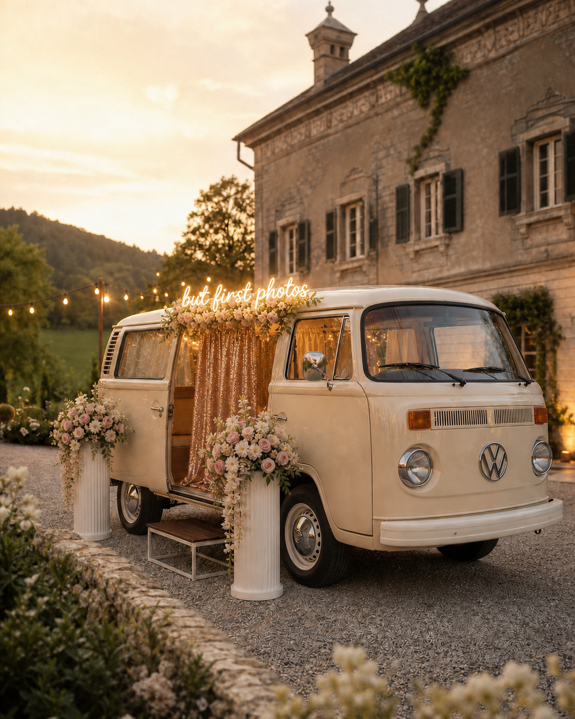 Visualisierung eines cremefarbenen VW T2 Fotobusses mit Blumen und dem direkt darüber montierten LED-Schriftzug but first photos